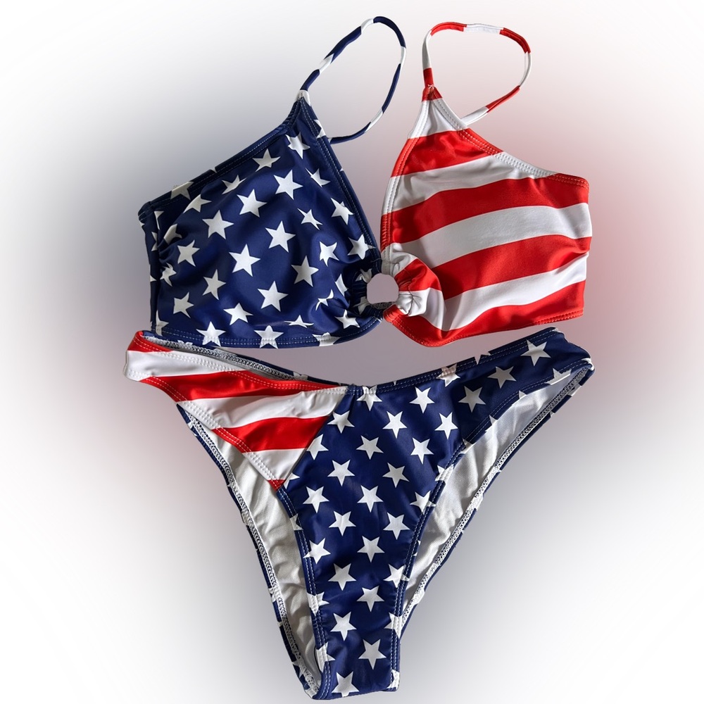 American Flag Stars Stripes O Ring Bikini Set - Picture 2 of 8